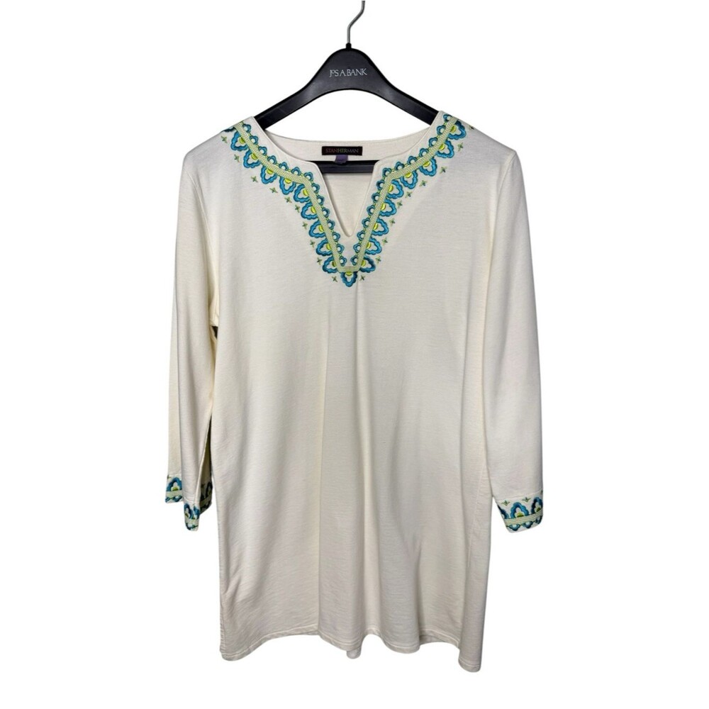 STAN HERMAN Cream White Embroidered V-Neck Tunic Top Size M Cotton 3/4 Sleeve
